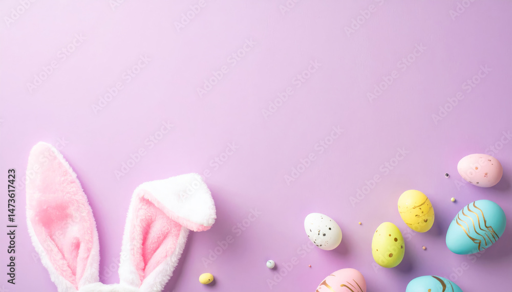Easter bunny ears and colorful eggs create festive atmosphere for holiday. soft pink background enhances cheerful vibe, making it perfect for spring celebrations Easter bunny ears and colorful eggs create festive atmosphere for holiday. soft pink background enhances cheerful vibe, making it perfect for spring celebrations