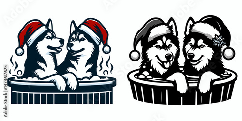 Siberian Husky Dog Couple wear santa hat sharing a hot tub. Merry Christmas Cartoon clipart vector draw Holiday Decoration. .