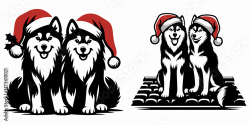 Siberian Husky Dog Couple wear santa hat playing with pets. Merry Christmas Cartoon clipart vector draw Holiday Decoration. Canine pair dons xmas headgear enjoys frolic domestic creature.