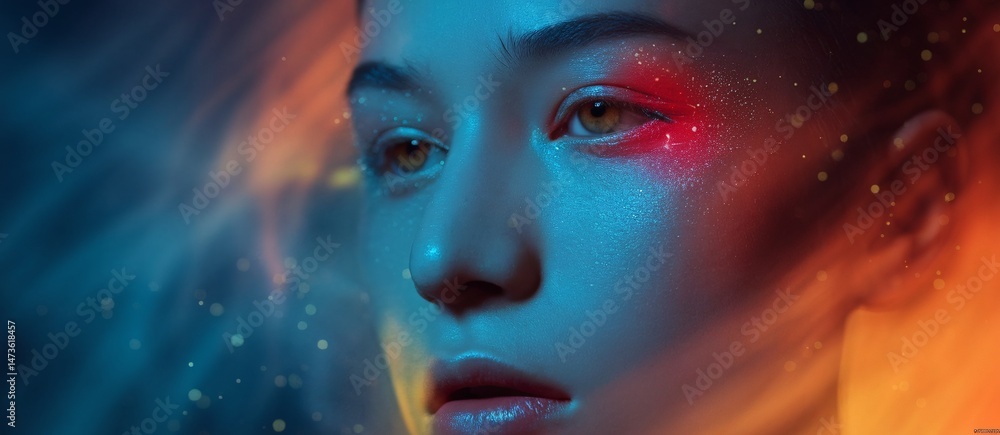 Close-up portrait of a young Asian woman with artistic makeup and vibrant blue and orange lighting. Close-up portrait of a young Asian woman with artistic makeup and vibrant blue and orange lighting.