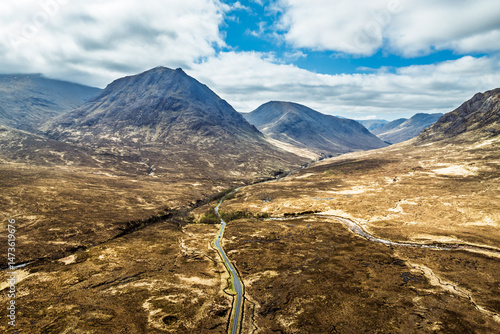 Obraz na płótnie Moors and Road A82 over Glencoe Valley from a drone, Highland, Scotland w salonie