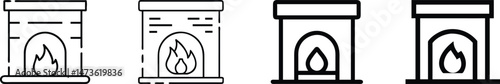 Fireplace Icon in Linear Vector Style Representing Winter Heating, Cozy Home Warmth, Interior Fire Feature, Seasonal Comfort, and Classic Chimney Flame Symbol Illustration