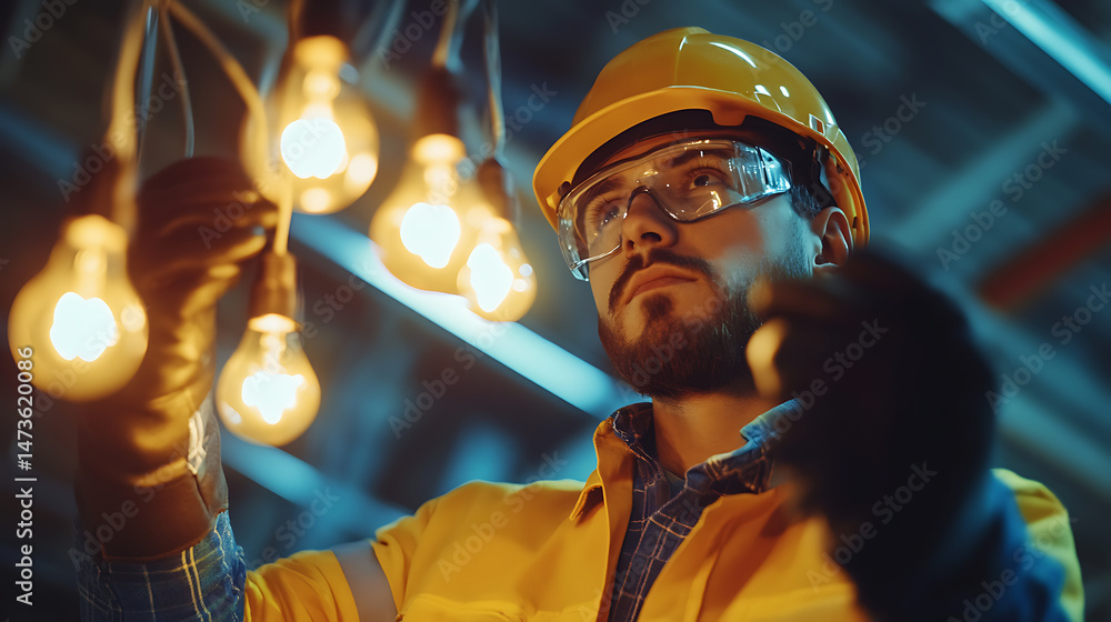 Electrician Working with Light Bulbs Electrician Working with Light Bulbs