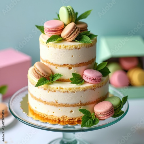 Two-tier vanilla cake with colorful macarons and mint leaves on glass stand