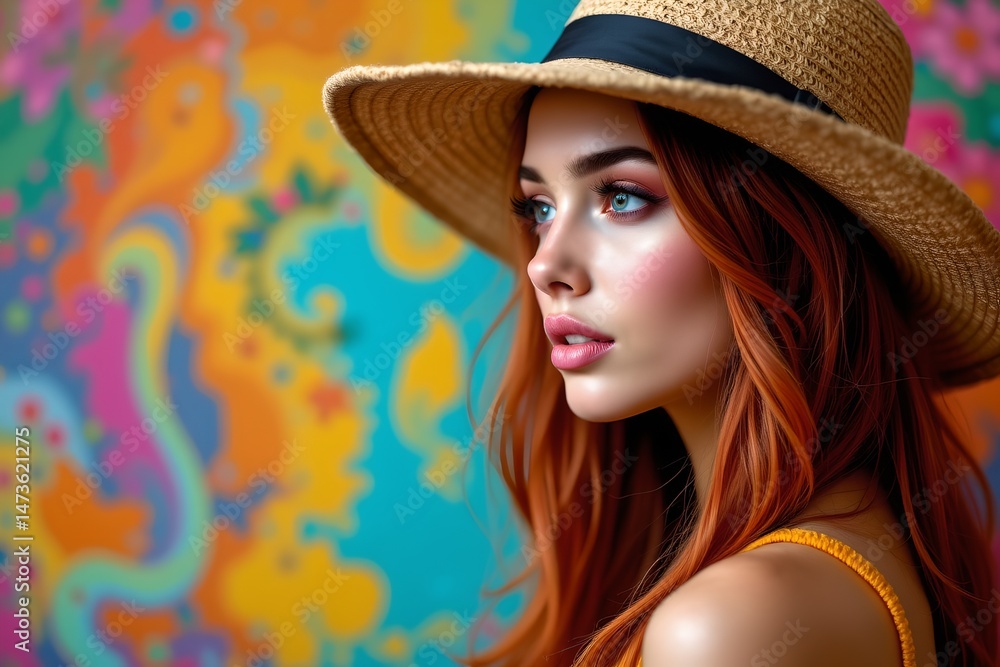 the image presents a person with reddish hair wearing a straw like sun hat with a black band. she is facing to the side and her features include soft makeup, and defined lips the image presents a person with reddish hair wearing a straw like sun hat with a black band. she is facing to the side and her features include soft makeup, and defined lips