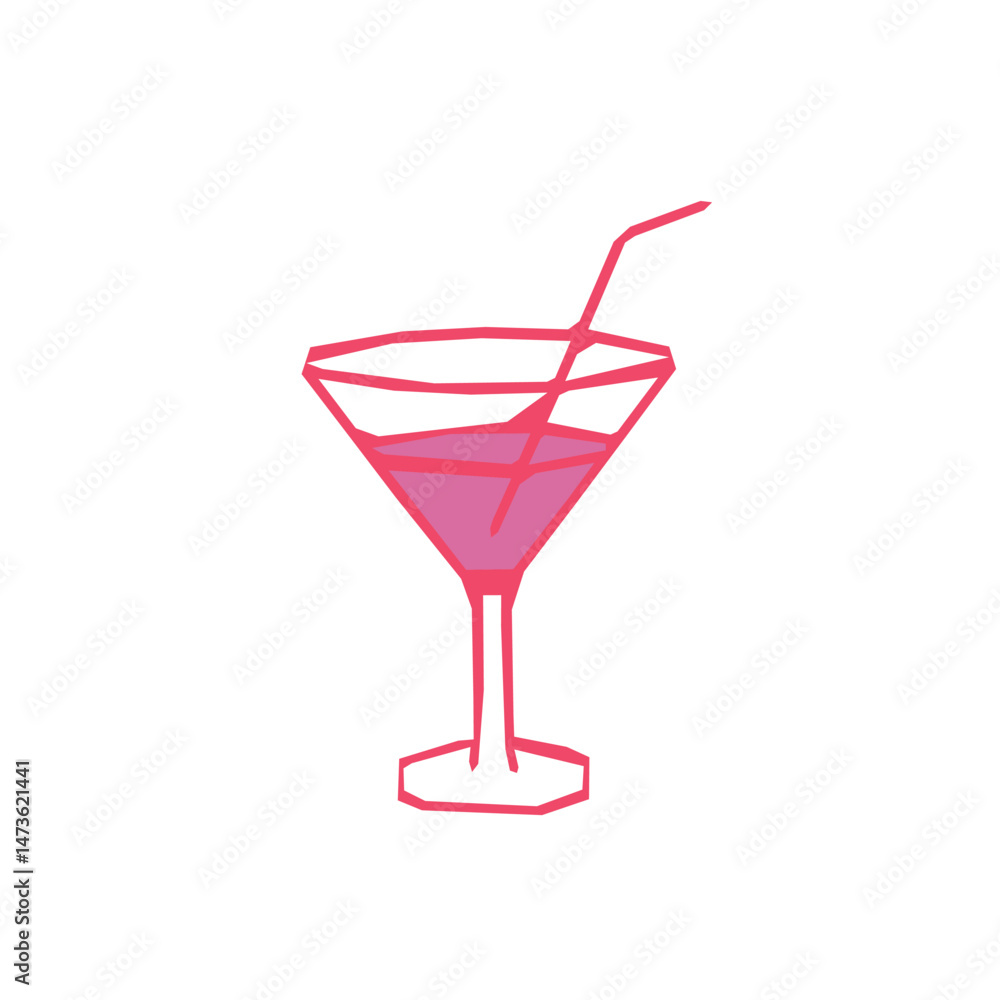 Minimalist pink cocktail in a martini glass with a straw. Geometric style with bold red outlines, perfect for summer, party, or bar themed designs. Vector illustration Minimalist pink cocktail in a martini glass with a straw. Geometric style with bold red outlines, perfect for summer, party, or bar themed designs. Vector illustration