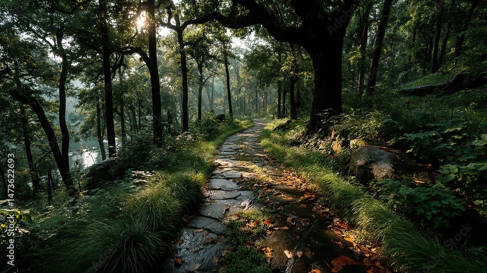 Fototapeta premium A winding path leading through a dense forest, dappled with sunlight filtering through the leaves, inviting exploration and discovery