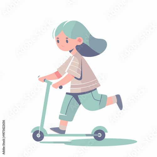 Cartoon girl riding a scooter in soft pastel colors