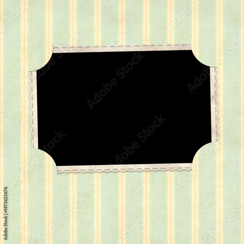 Vintage album page with retro photo frame and old paper texture with strip pattern in shabby chic style. Nostalgic scrapbooking style. Mock up template. Copy space for text