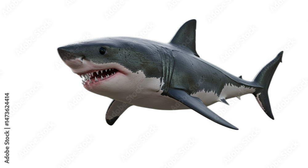 Fototapeta premium powerful great white shark, mouth slightly open revealing sharp teeth. isolated on white transparent background PNG