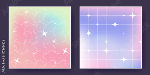 Y2k star patterns - pastel gradient backgrounds with sparkling white twinkles, trendy early 2000s aesthetic. Colorful grids transition. Magical girly graphics for nostalgic retro design projects.