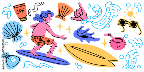 Retro tropical sticker pack - vibrant surfing man riding waves, whimsical water elements, seashells and beach vacation accessories. Colorful funky vintage summer doodle collection for travel design.
