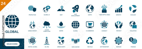 Global icon. Containing earth, air transport, connectivity, global AI, digital global, economy. Solid vector icon set.
