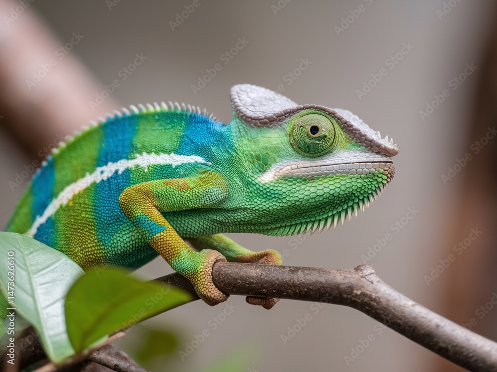 Fototapeta premium Close-up of a vibrant green chameleon perched on a branch, showcasing its stunning colors and textures.