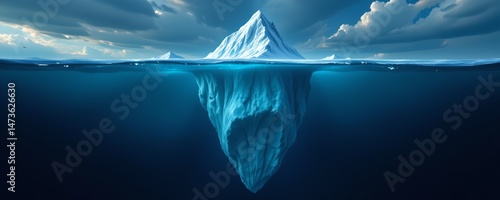 the image showcases an iceberg, split at the waterline to reveal its enormous submerged portion