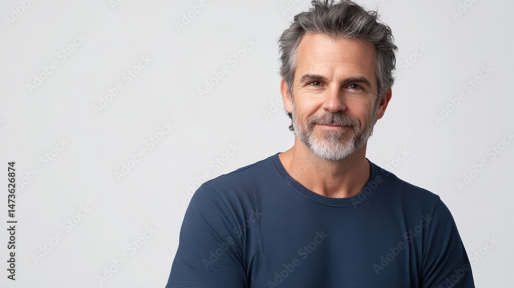 Fototapeta premium Confident Middle Aged Man Poses in Studio Against White Background