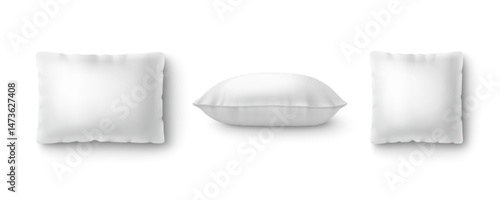 White square and rectangular bed pillows mockup top and side view. Realistic 3d soft fluffy plump pillowcases isolated on light background for branding designs, fabric prints, packaging templates.