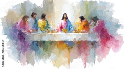 Embracing Artistic Heritage: Watercolor Painting of People Gathered Around a Table Celebrating Significant Events Throughout History