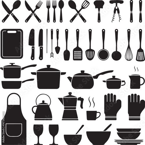 Modern Kitchen Utensils Silhouette Set

Chef Tools and Cutting Board Vector

Cooking Essentials in Kitchen Silhouette

Spoon, Fork, and Knife Bundle Vector

Silhouette of Kitchenware Collection