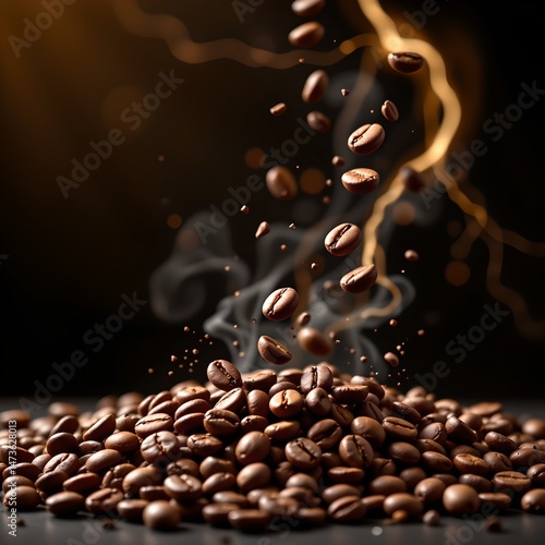 the image is a close up studio shot of a pile of dark brown roasted coffee beans. several beans appear to be suspended in the air above the pile, as if they are falling down