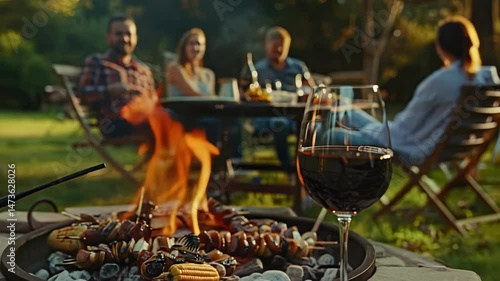 wine glasses, nature, rest, barbecue. Selective focus
