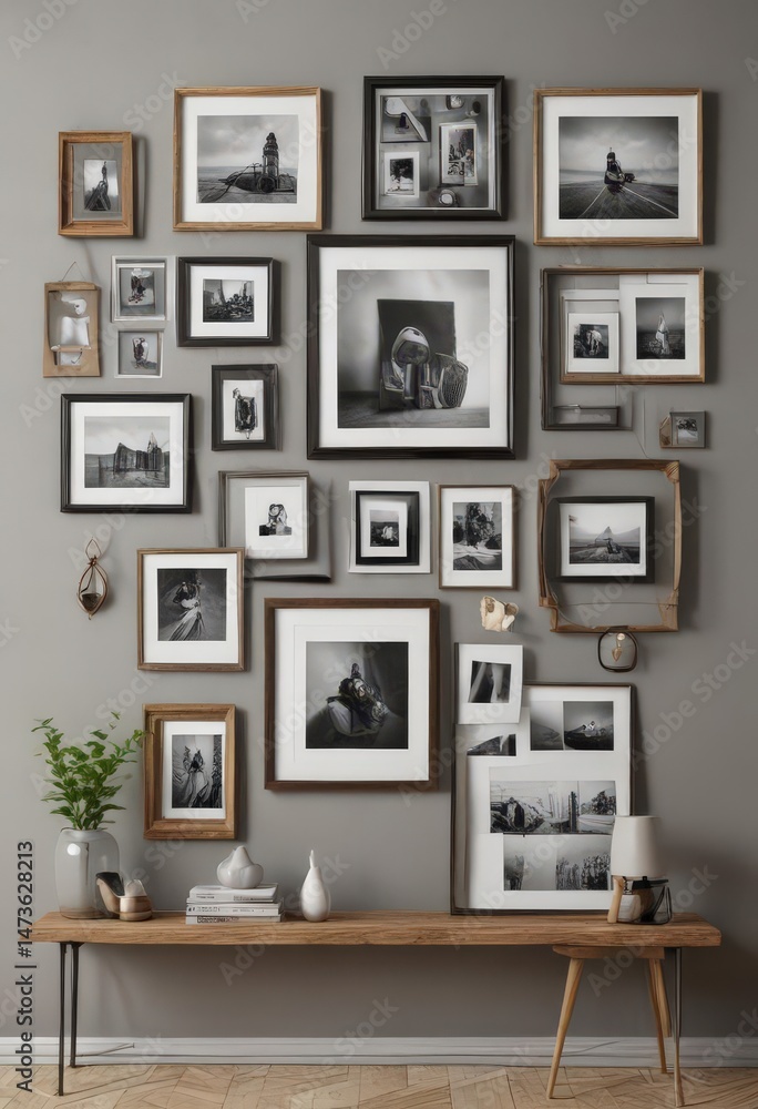 Fototapeta premium Stylish photo frame gallery wall; varied shapes and sizes, insta-worthy, wall arrangement, bedroom