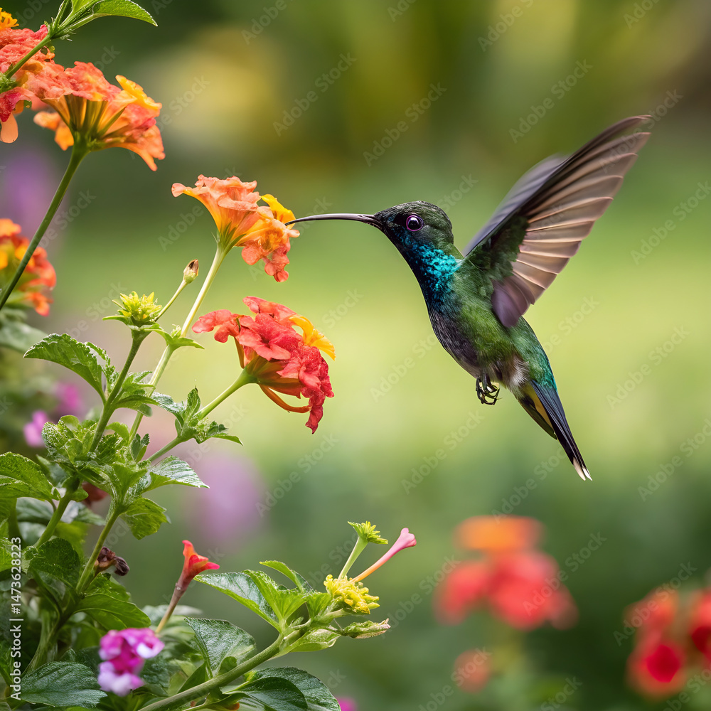 Obraz premium A vibrant hummingbird hovering near a colorful flower, with a blurred garden background.