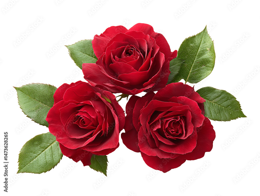 Fototapeta premium Three Dark Red Roses with Green Leaves on Transparent Background, PNG