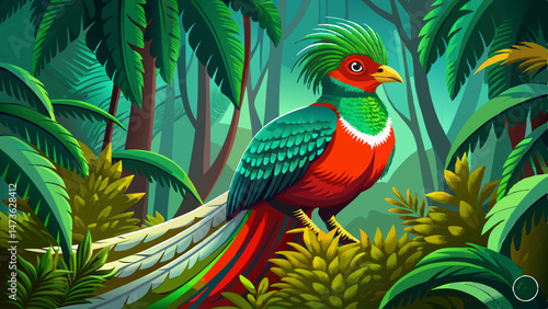 Resplendent Quetzal, Pharomachrus mocinno, from Chiapas, Mexico with green forest background. Tropic bird. Magnificent sacred green and red bird. Detail forest hidden Resplendent Quetzal .Very beautif