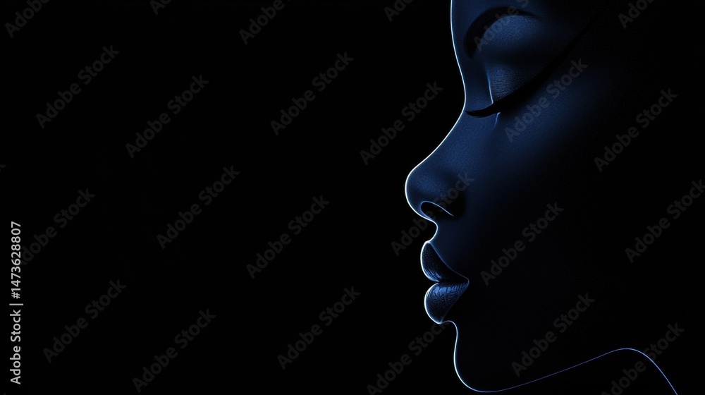 A woman's face in profile, with closed eyes and a serene expression, against a black background. A woman's face in profile, with closed eyes and a serene expression, against a black background.