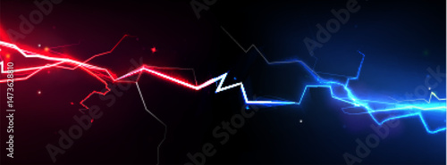 Neon vs thunder - glowing red and blue electric lightning bolts clash. Dynamic abstract energy flows, powerful opposition collision. Futuristic versus vibrant light effect backdrop, competitive match