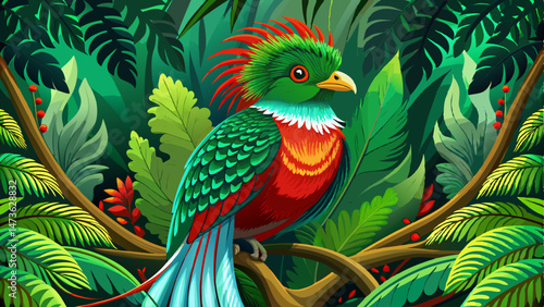 Resplendent Quetzal, Pharomachrus mocinno, from Chiapas, Mexico with green forest background. Tropic bird. Magnificent sacred green and red bird. Detail forest hidden Resplendent Quetzal .Very beautif
