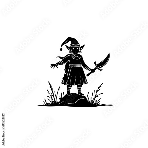 Silhouette of an elfish figure with whimsical attire standing on a rocky formation