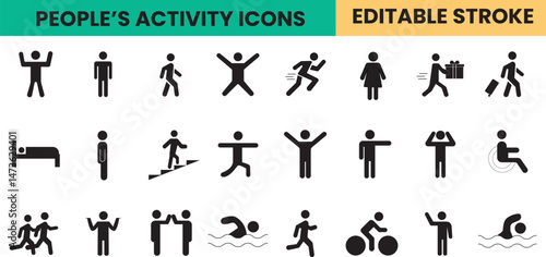 people's activity icon set, swimming, walking, running, customizable stroke, vector, illustration