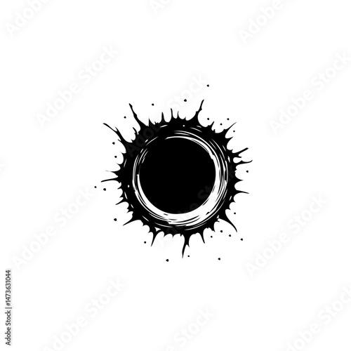 Abstract splattered circle design with dynamic radial projections on white space