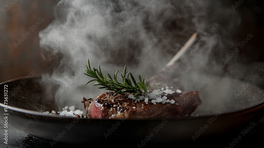 Steaming steak with rosemary and salt on a sizzling pan. Steaming steak with rosemary and salt on a sizzling pan.