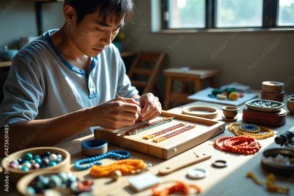 Fototapeta premium Dedicated East Asian Man in His Thirties Focused on Meticulous Creation of Intricate Bead Art with Tools