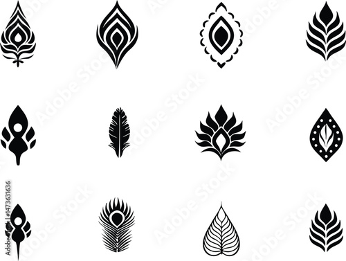 Thai Motifs Leaf Silhouette Icons Set