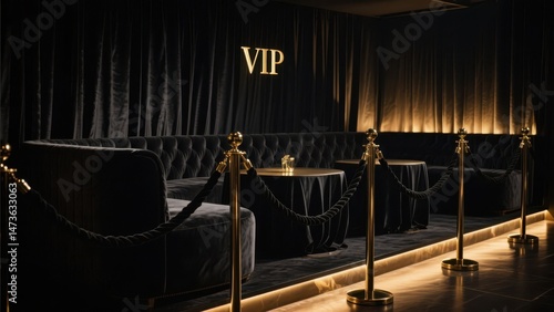 A plush velvet rope VIP section welcomes guests with moody lighting, creating an atmosphere of luxury and exclusivity. The elegant seating and stylish decor invite relaxation