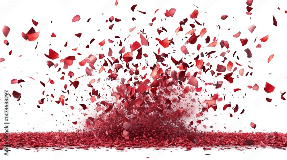 Fototapeta premium Red rose petals exploding outward against a white background
