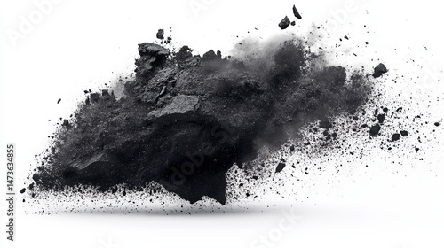 Dark substance exploding and shattering on white background