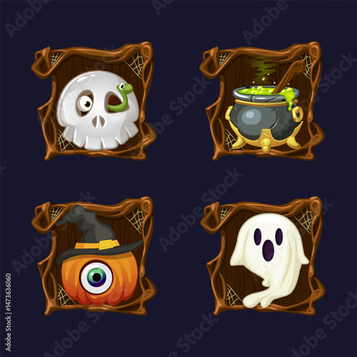 Four Halloween icons or symbols in Spooky frame tree design for decoration elements design greeting cards, invitation, print, game elements or slot symbols