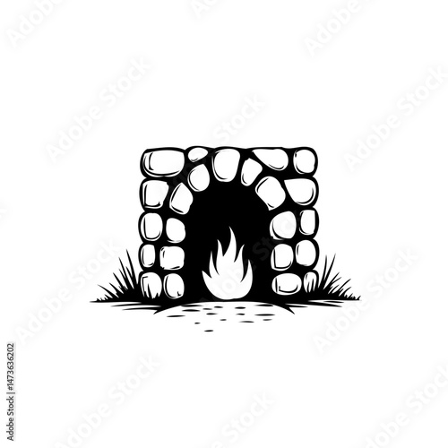 Rustic stone fireplace design emitting heat with black and white illustration