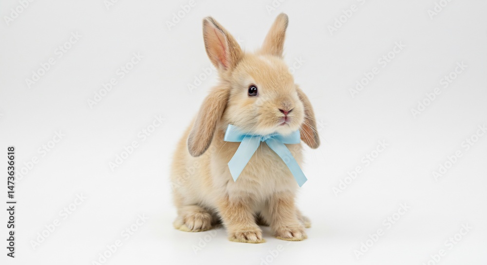 Fototapeta premium Adorable fluffy bunny sits calmly wearing a light blue bow against a bright white background. AI Generated
