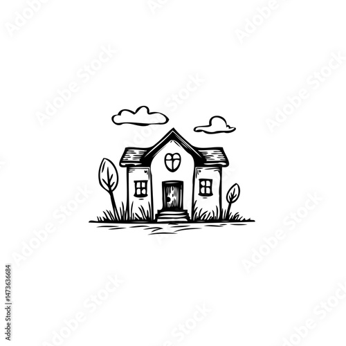 Whimsical Home Illustration with Cloudy Sky Black and White Minimalist Design