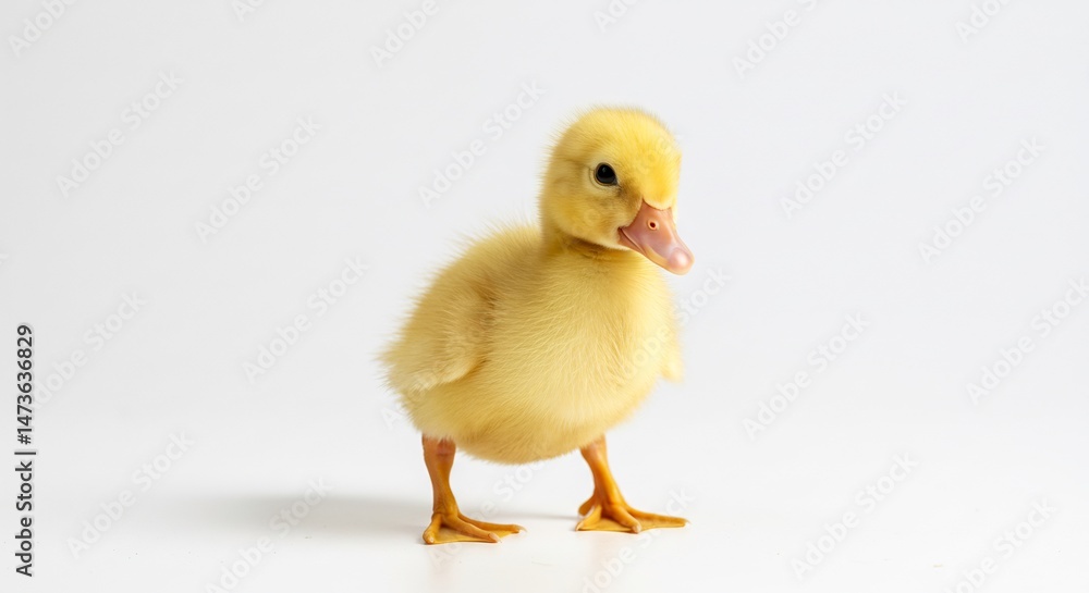 Fluffy yellow duckling stands softly lit against white background. AI Generated Fluffy yellow duckling stands softly lit against white background. AI Generated