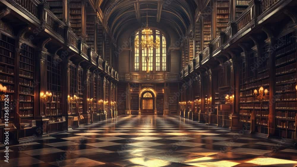 Grand library hall with high ceilings, arched windows, dark wood bookshelves, candlelight, and a checkered floor Grand library hall with high ceilings, arched windows, dark wood bookshelves, candlelight, and a checkered floor