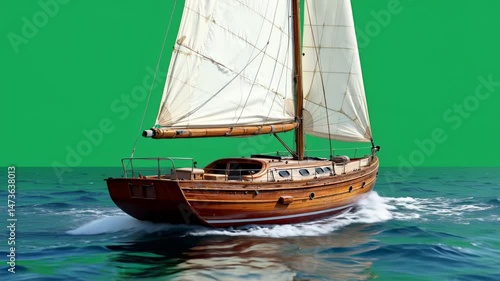 Classic Wooden Sailboat Sailing on Calm Waters with Green Background