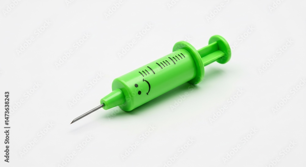 Fototapeta premium Smiling green syringe playfully rests on bright white background. AI Generated