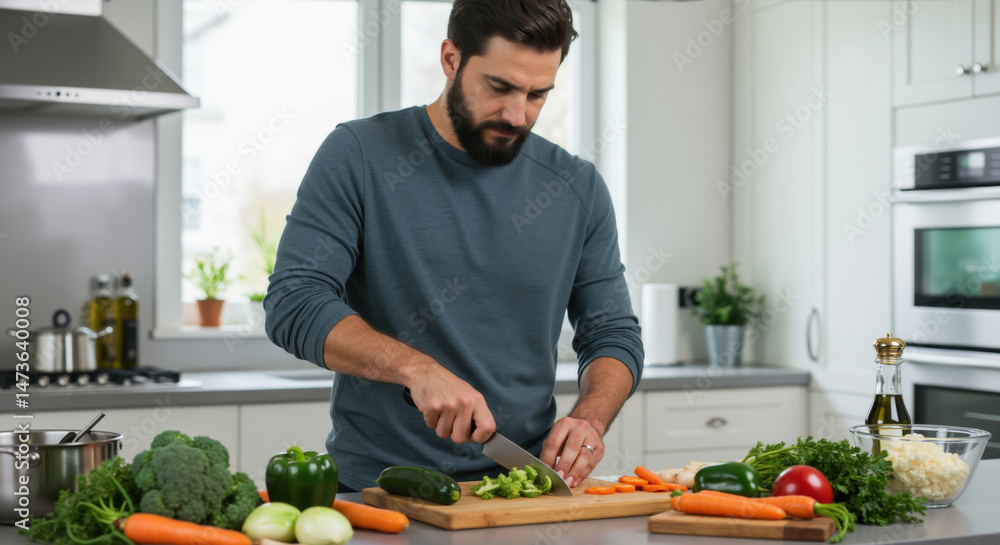 Man chopping fresh vegetables on wooden board in modern white kitchen with natural light. Healthy meal preparation for nutritious home cooking and balanced diet planning Man chopping fresh vegetables on wooden board in modern white kitchen with natural light. Healthy meal preparation for nutritious home cooking and balanced diet planning